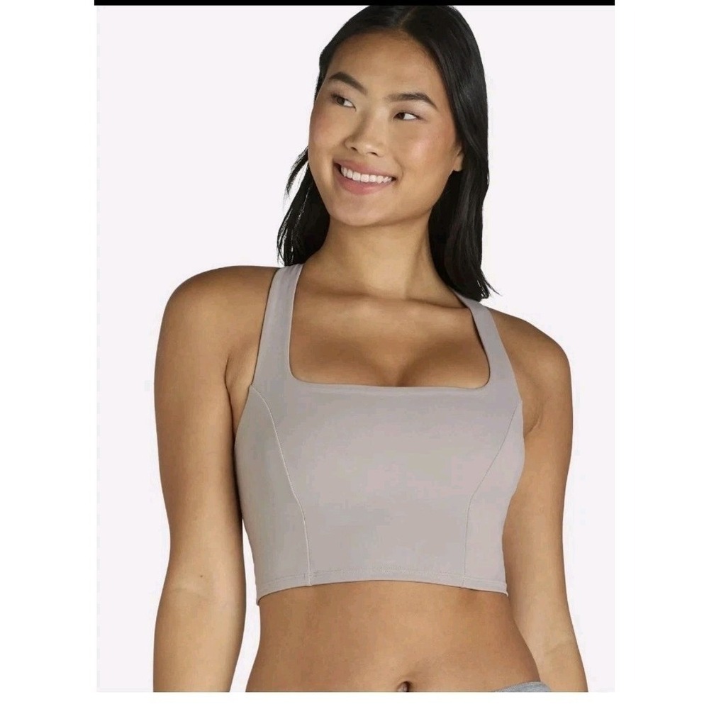 NWT Avia Womens Square Neck Keyhole Crop Sports Bra Taupe Size S 4-Way Stretch